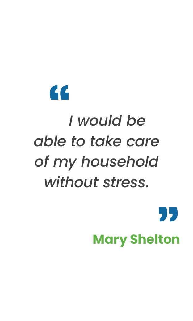 Large blue quotation mark; "I would be able to take care of my household without stress.“ in gray; large blue quotation mark; Mary Shelton in green