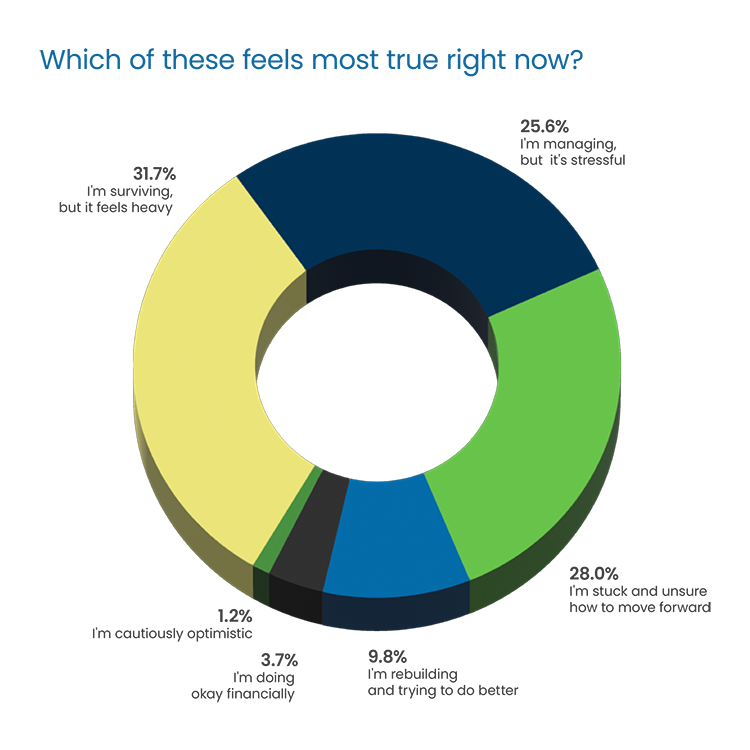 Question Headline in blue Poppins Regular font:  “What is your total current student loan debt?” Response 3D donut chart: 31% “$10,000-$50,000” in blue, top left 11.9% “Less than $10,000” in green, middle left 11.9% “More than $150,000” in dark blue, bottom left 28.6% “$50,000-$100,000” in yellow, right 16.7% “$100,000-$150,000” in dark gray, bottom center