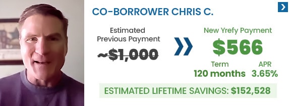 borrower-chris-c-refinance-student-loan-savings Borrower Chris C. went from an estimated monthly payment of $1,000 to $566 with a new 3.65% APR interest rate and his estimated lifetime loan savings is $152,528 by refinancing with Yrefy.