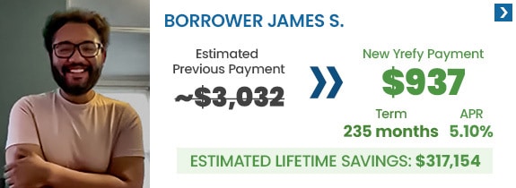 borrower-james-s-refinance-student-loan-savings Borrower James S. went from an estimated monthly payment of $3,032 to $937 with a new 5.10% APR interest rate and his estimated lifetime loan savings is $317,154 by refinancing with Yrefy.